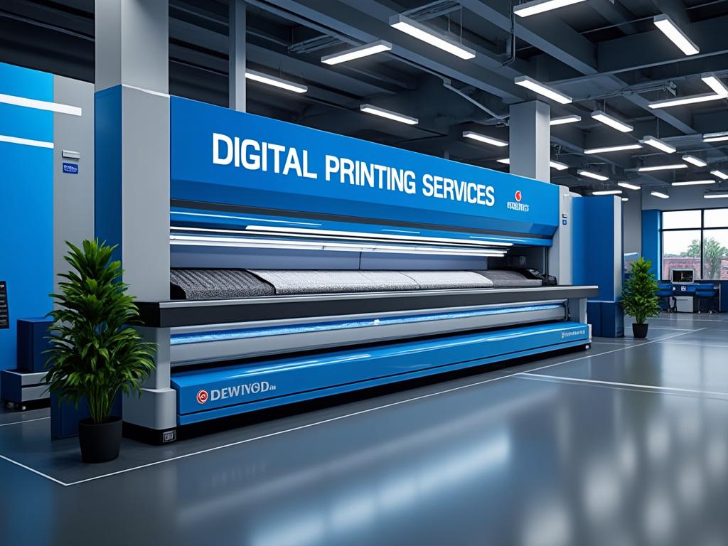 Impresora digital grande en una sala moderna con servicios de impresión digital, plantas decorativas y ventanas al fondo.