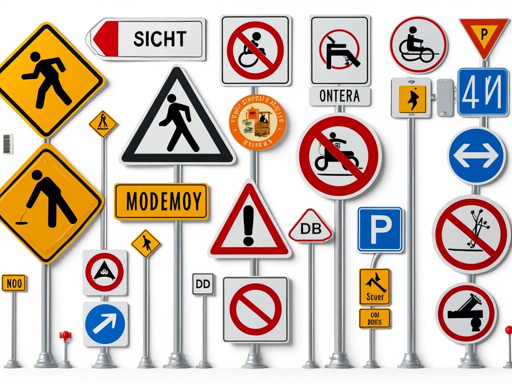 Collection of various road signs including pedestrian crossing, no entry, parking, and construction warning signs against a white background. Collection of various road signs including pedestrian crossing, no entry, parking, and construction warning signs against a white background.