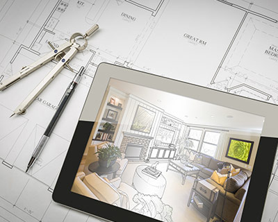 Computer Tablet Showing Room Illustration On House Plans, Pencil and Compass
