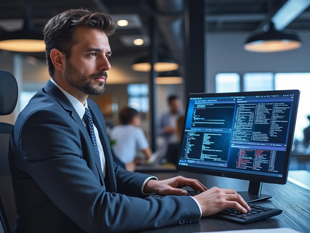 Business professional working on a computer with code on the screen in a modern office setting.