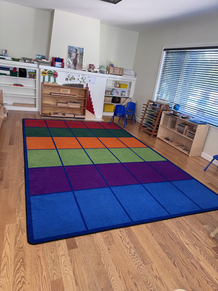 A colorful rug on a classroom floor