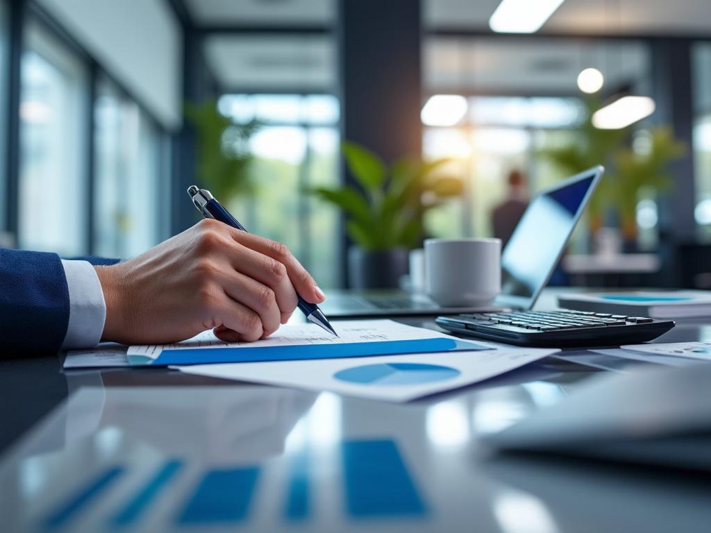Close-up of a business professional writing on financial charts and using a calculator at a desk with a laptop and coffee cup in a modern office setting.