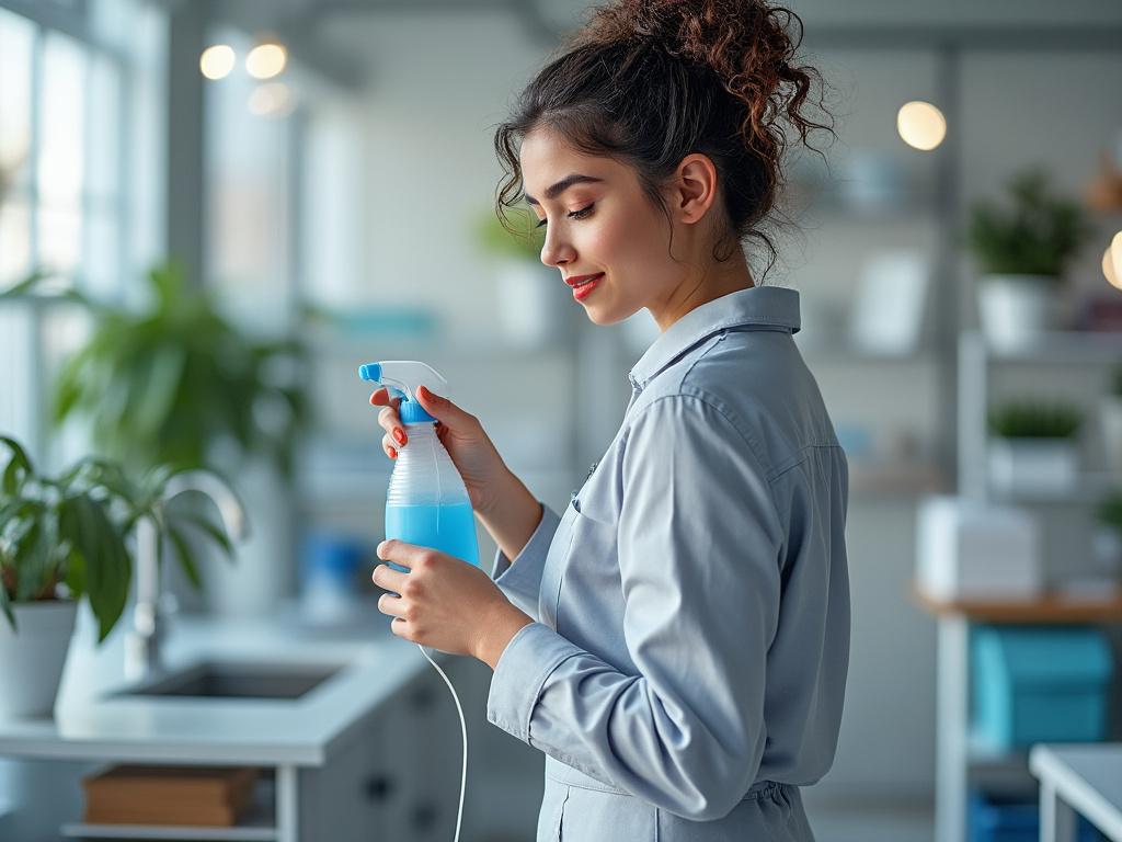 Mujer con cabello rizado usando una botella de spray en una cocina moderna con plantas decorativas.