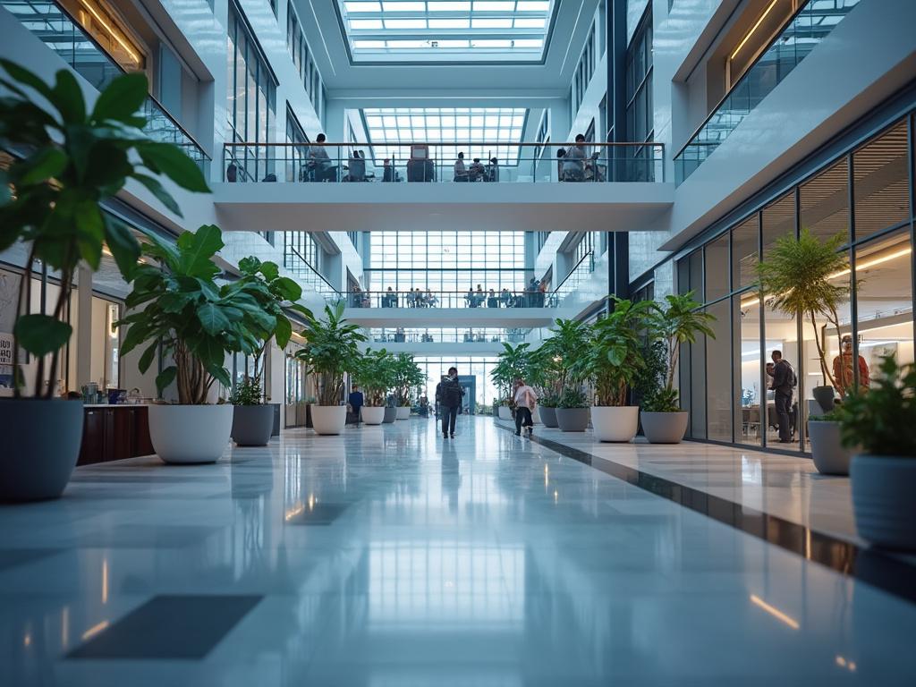 Moderno interior de edificio de oficinas con plantas grandes y personas caminando por un pasillo amplio, con luz natural proveniente del techo de cristal.