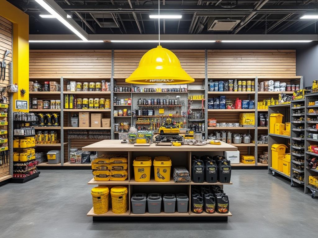Tienda de herramientas con estantes llenos de suministros, pintura y accesorios bajo lámpara amarilla colgante.