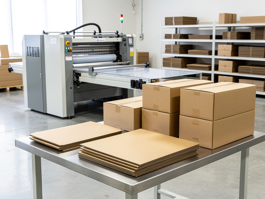 Máquina industrial de embalaje con cajas de cartón y planchas corrugadas en almacén