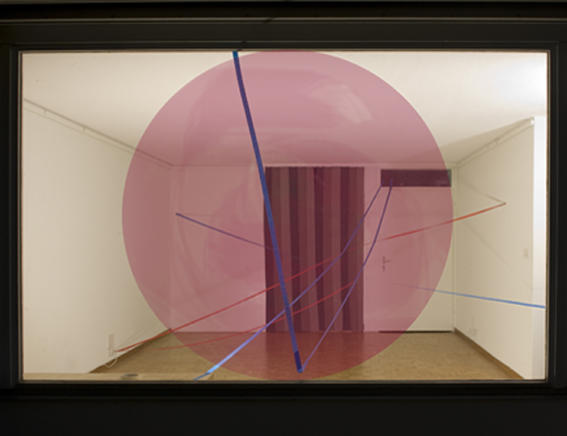 red circle, laserprint behind glass, 80cm X 60cm 