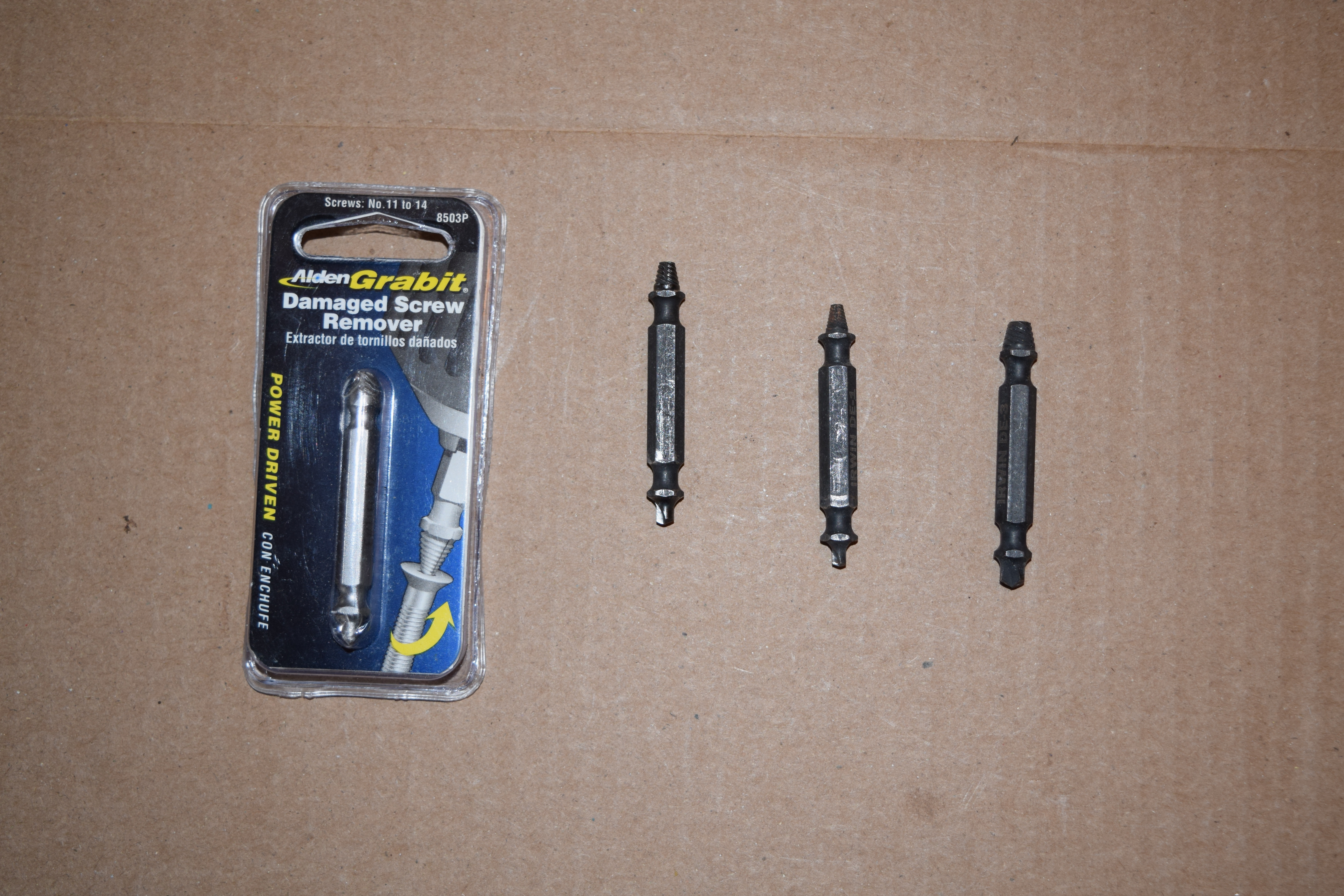 Damaged Screw Removers (x3 Model DE-1, DE-2, and DE-3 by Irwin,; x1 Model 8503P by Grabit; new)