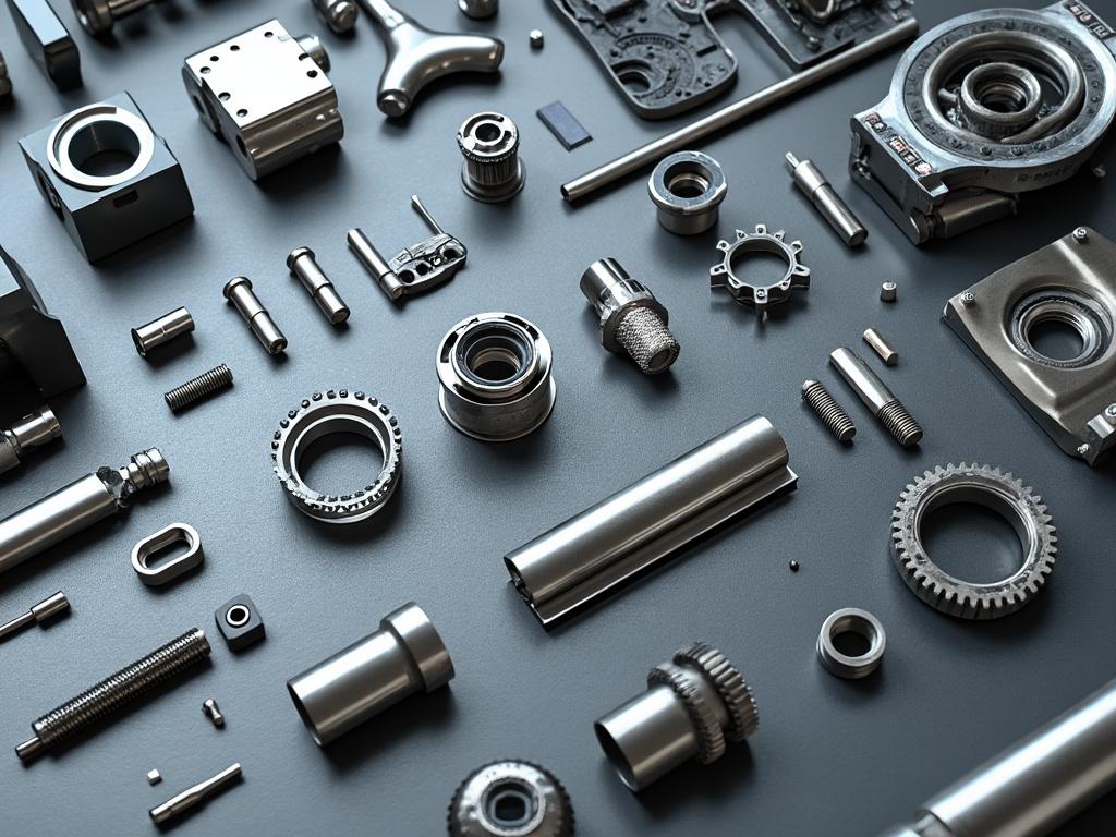 Componentes mecánicos metálicos organizados sobre una superficie gris.