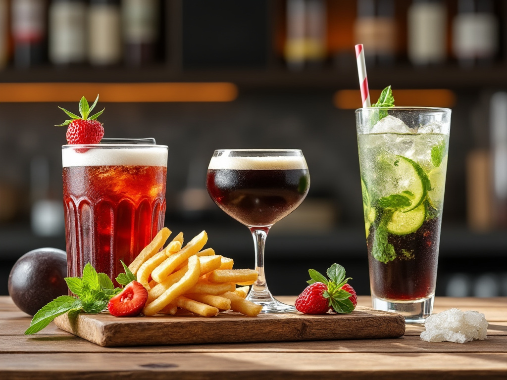 Tabla de madera con papas fritas y bebidas variadas, incluyendo cócteles con fresas y hojas de menta.
