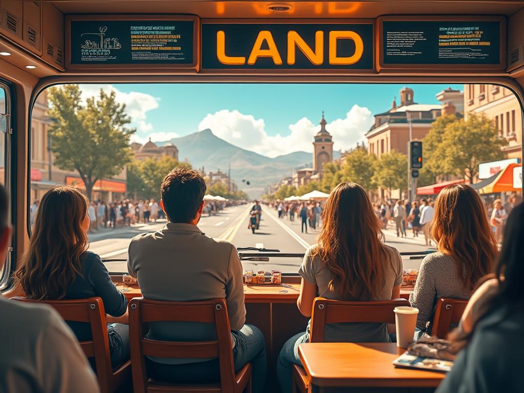 Grupo de personas sentadas en un autobús turístico, mirando por la ventana hacia una calle concurrida con edificios históricos y montañas al fondo en un día soleado.