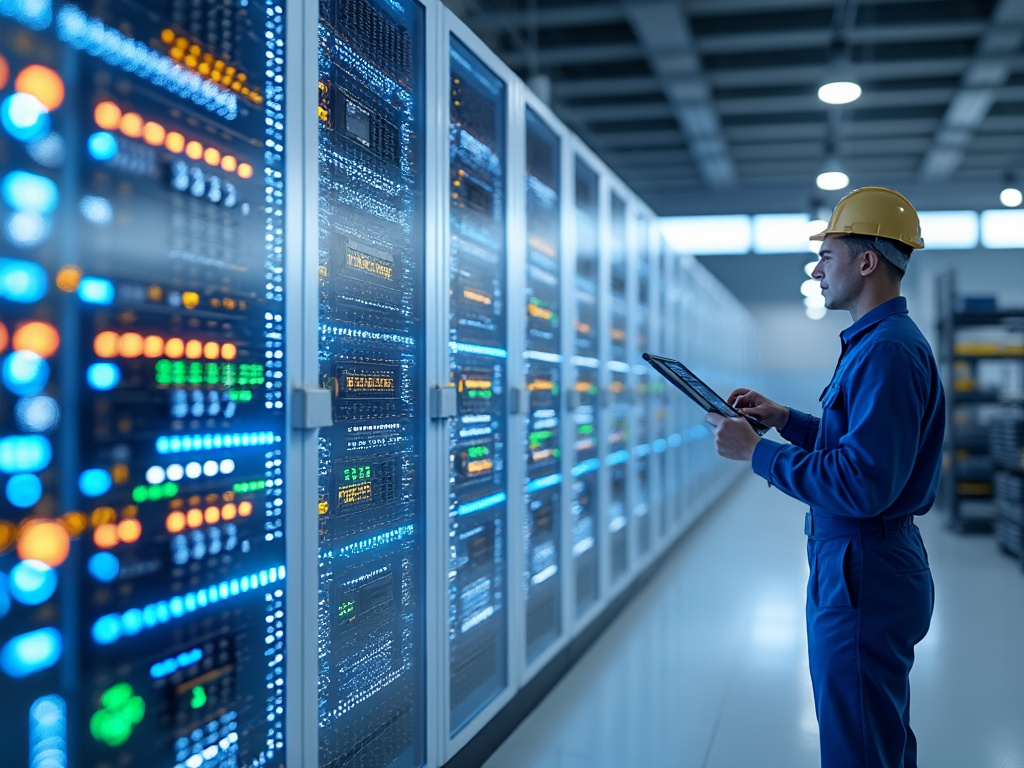 Técnico con casco revisando servidores en un centro de datos.