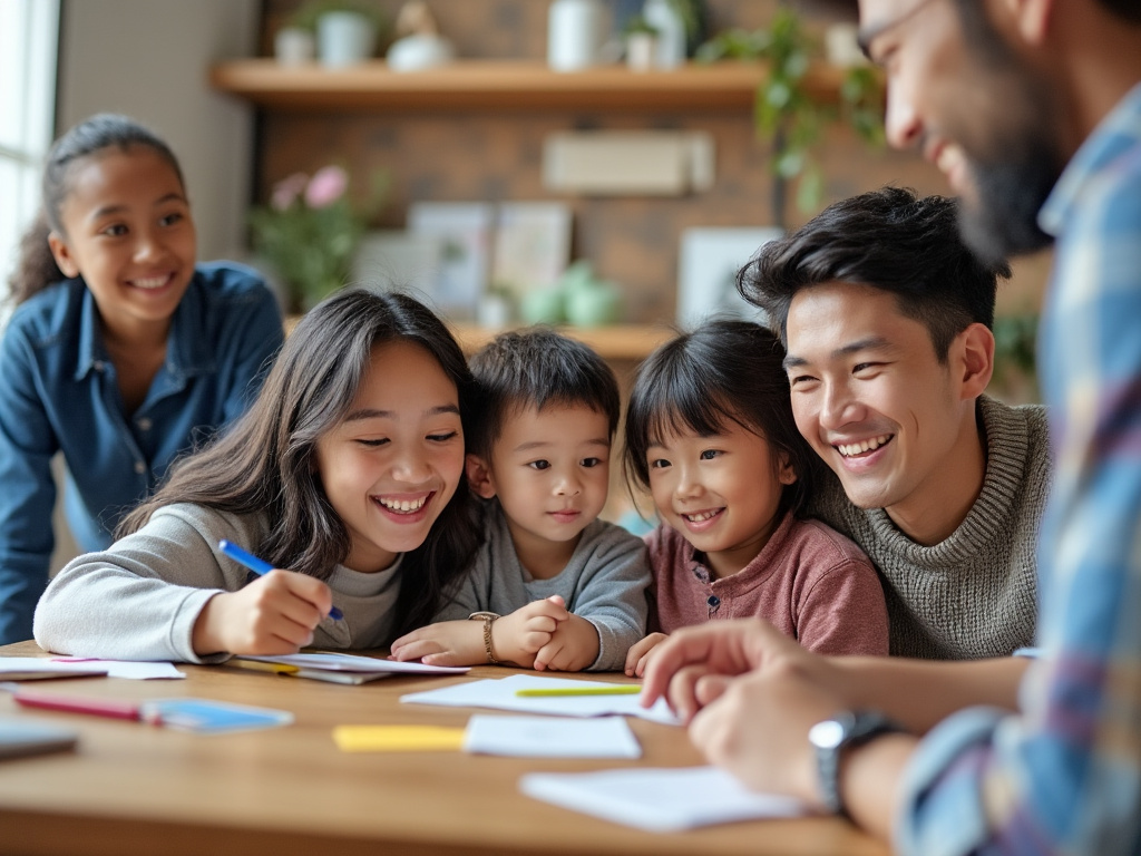 Happy family with three children drawing together at a table, smiling and engaged in a cozy living room with shelves and plants in the background.
