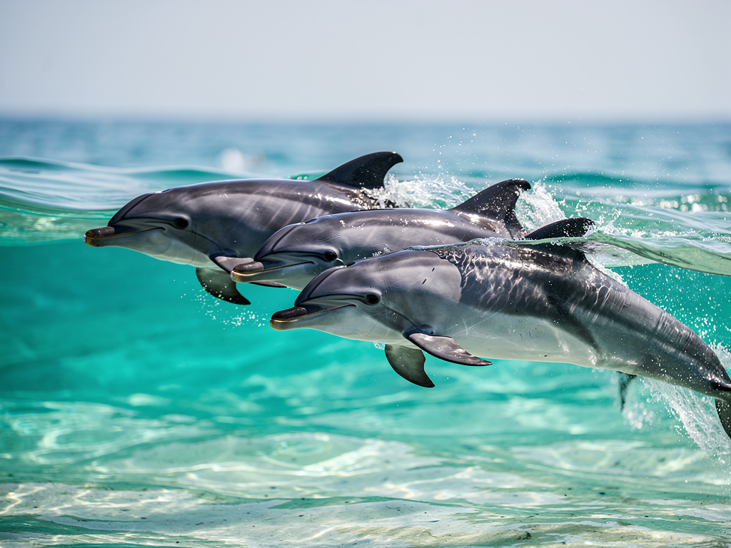Tres delfines nadando y saltando en aguas turquesas cristalinas del océano