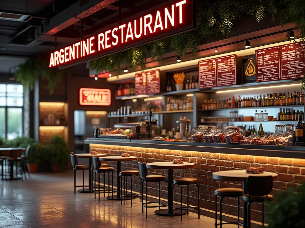 Interior de un restaurante argentino con barra de ladrillo, menús iluminados y sillas modernas.