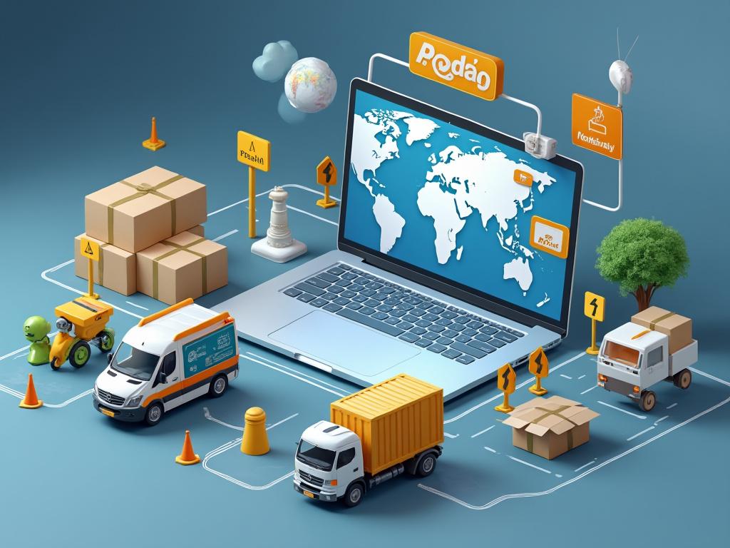 Laptop con mapa mundial rodeado de camiones de entrega y cajas, simbolizando logística y comercio global.