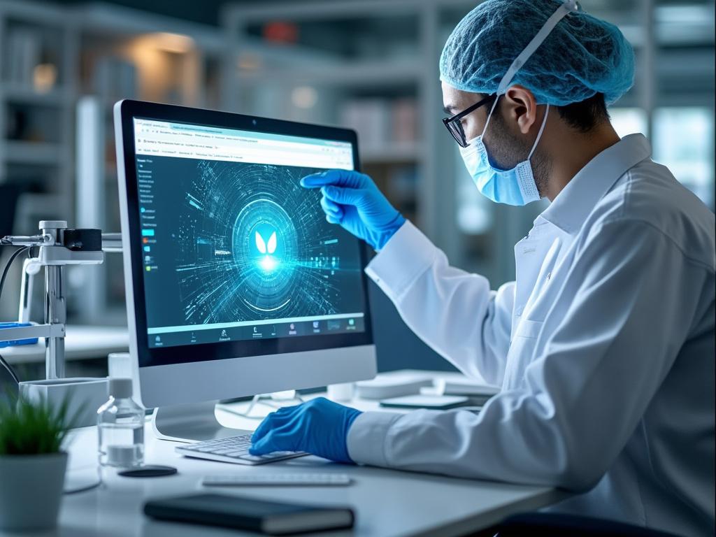 Scientist in lab attire working on a computer with a futuristic interface, showing a glowing digital symbol, surrounded by laboratory equipment.