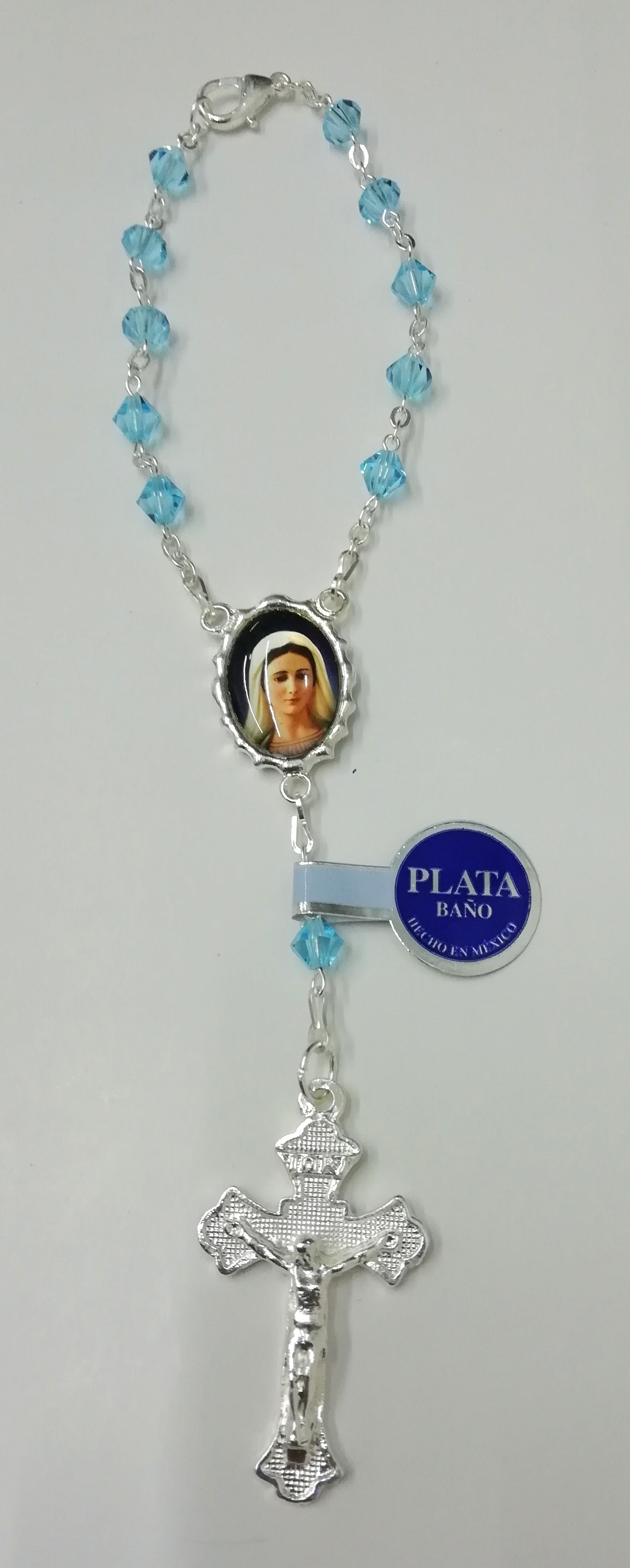 DECENARIO CON CUENTAS DE CRISTA AZULES CON VIRGEN MILAGROSA EN BAÑO DE PLATA