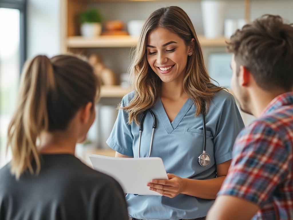 Smiling healthcare professional in scrubs with stethoscope consulting two patients in a medical office setting.