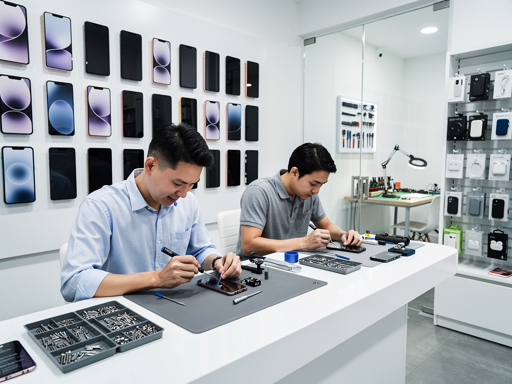 Técnicos reparando smartphones en tienda de reparación de móviles con herramientas y accesorios en exhibición
