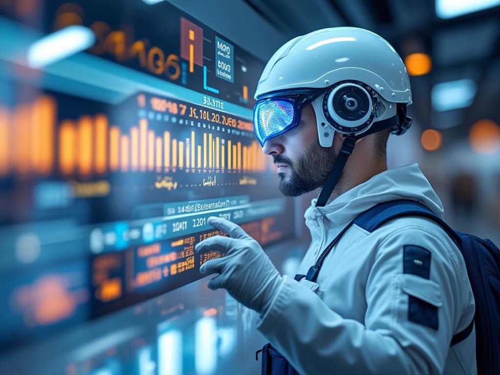 Futuristic technician in white helmet and goggles interacting with digital data interface.