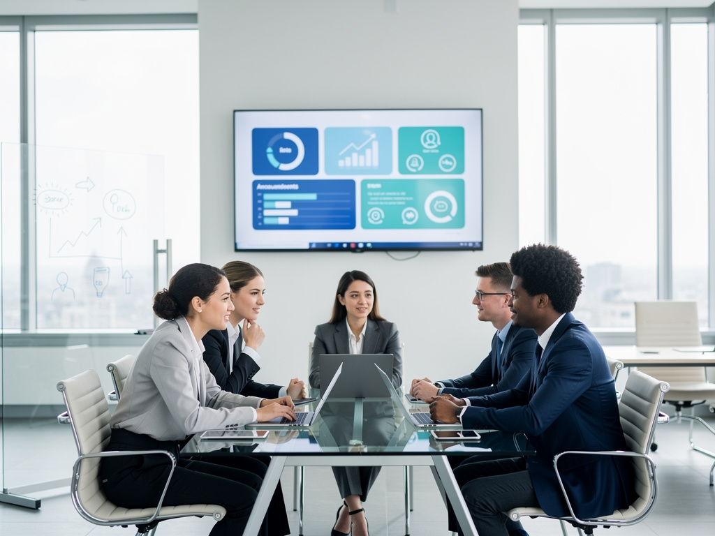 Business team meeting in modern conference room with laptops and digital analytics dashboard
