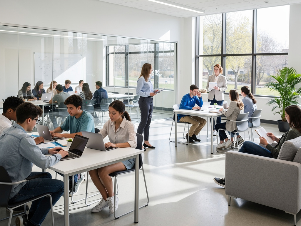 Estudiantes colaborando con portátiles en aula moderna y luminosa con grandes ventanales