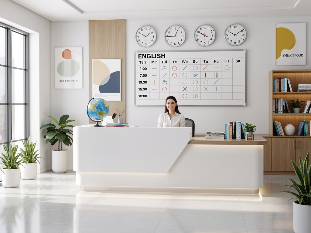 Recepción moderna de academia de inglés con pizarra de horarios, relojes internacionales, escritorio blanco, libros, plantas y globo terráqueo