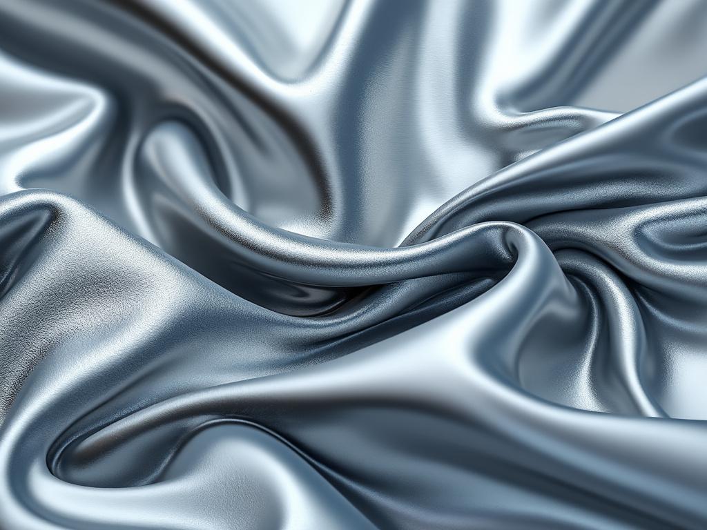 Primer plano de tela de satén brillante y ondulada en color plateado.