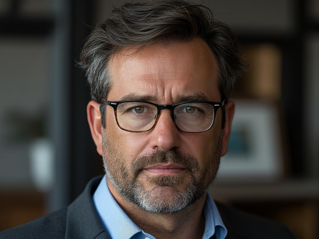 Portrait of a serious middle-aged man with glasses and a beard, wearing a suit in a blurred office setting. Portrait of a serious middle-aged man with glasses and a beard, wearing a suit in a blurred office setting.