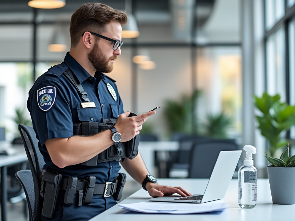 Oficial de seguridad trabajando en una oficina con un laptop y un desinfectante de manos en el escritorio.