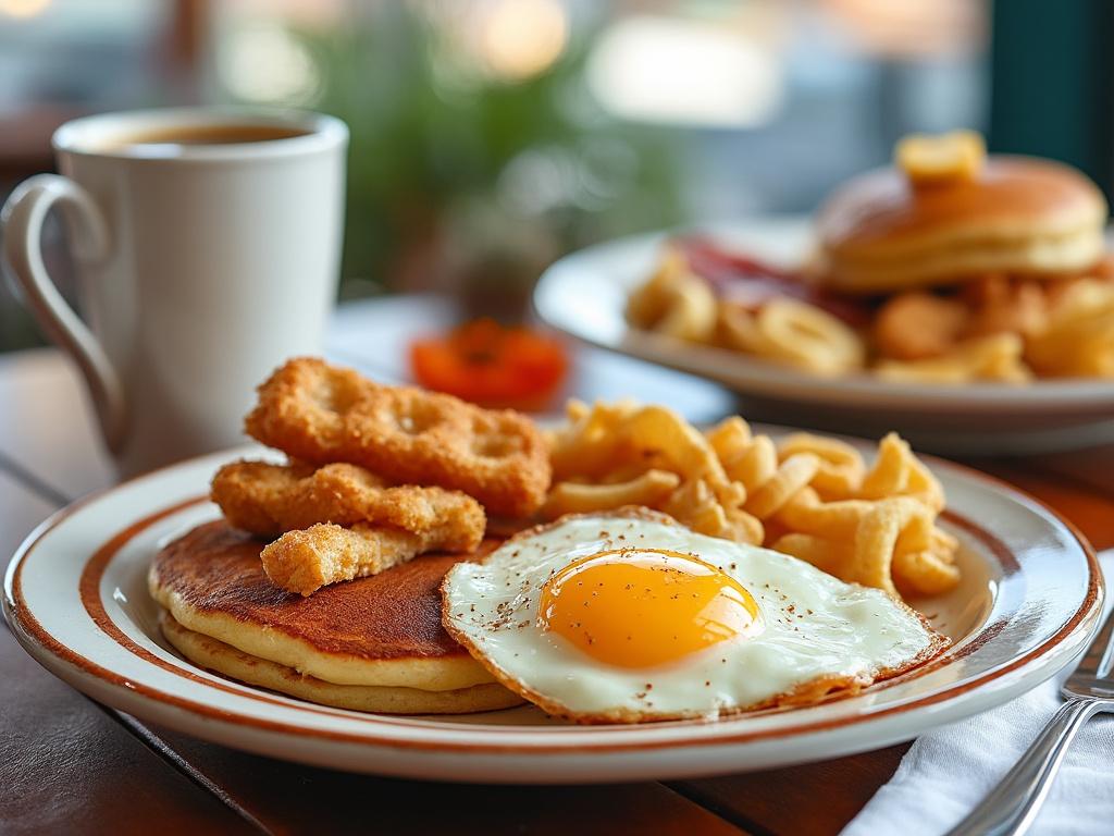 Breakfast plate with fried egg, pancakes, chicken strips, curly fries, and a cup of coffee.