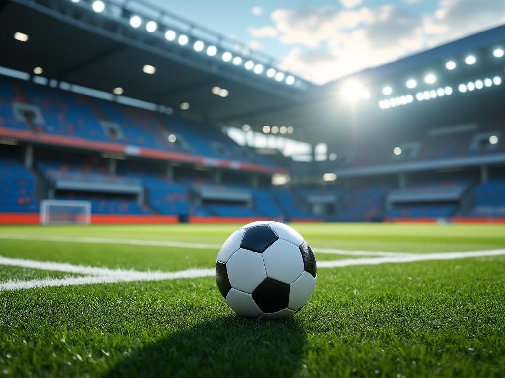 Balón de fútbol en un estadio iluminado con gradas vacías y césped verde.