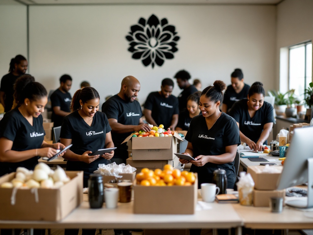 Volunteers sorting food