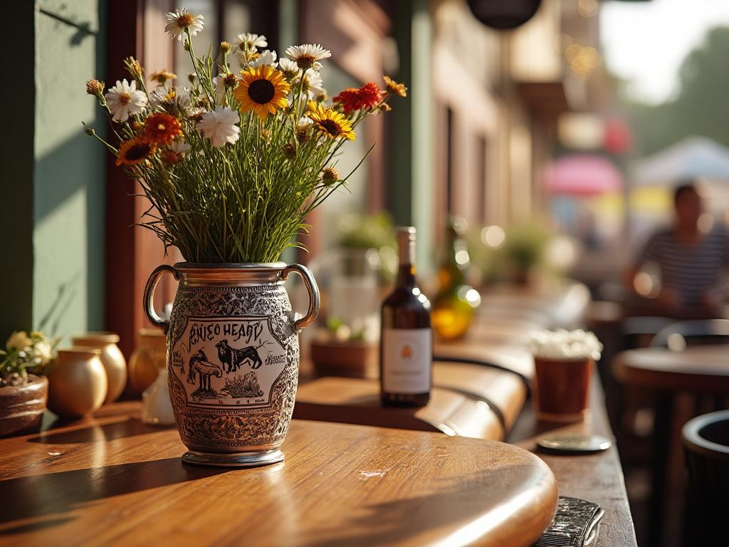 Jarrón de cerámica con flores coloridas sobre una mesa de madera en una cafetería al aire libre, con botellas y plantas difuminadas al fondo.