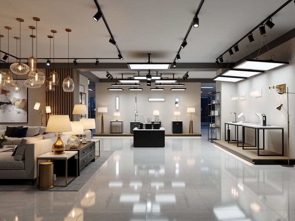 Sala de exposición moderna de iluminación con lámparas colgantes, de mesa y de pie en diseño interior elegante