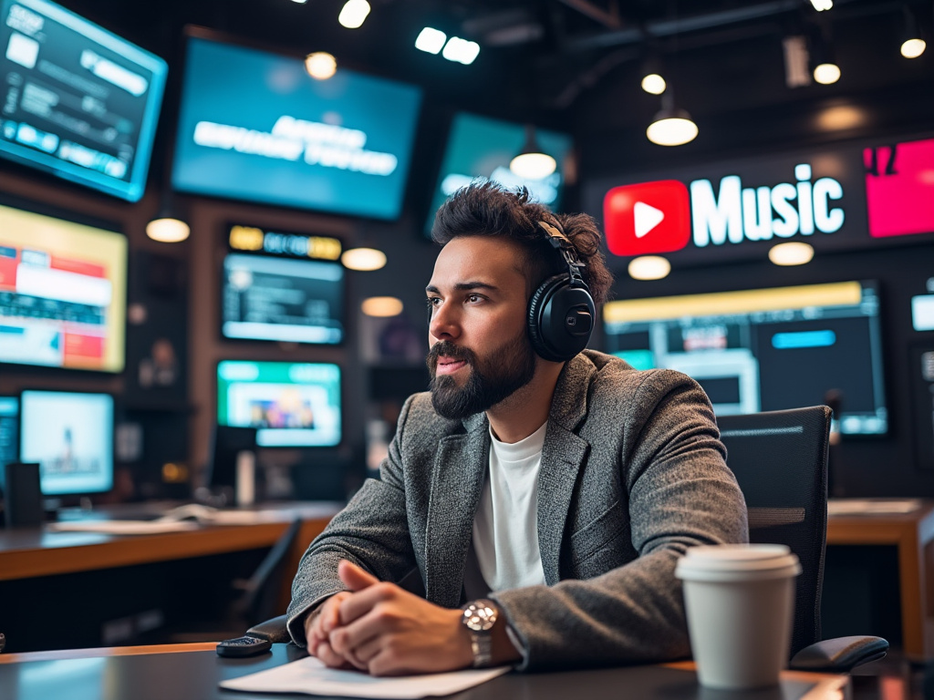 Man wearing headphones sitting at a desk with multiple digital screens displaying music, in a modern studio setting with warm lighting.