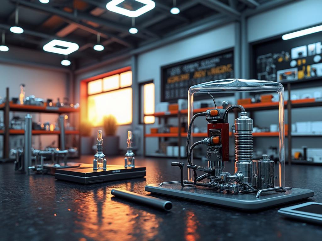 Laboratorio moderno con equipo científico avanzado y luz de atardecer entrando por la ventana.