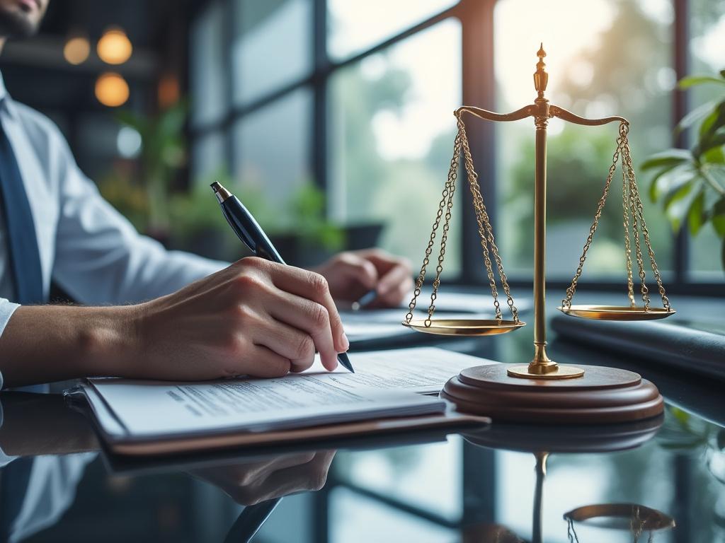 Mano escribiendo en un documento con una balanza de justicia dorada en el escritorio, fondo de oficina iluminada.