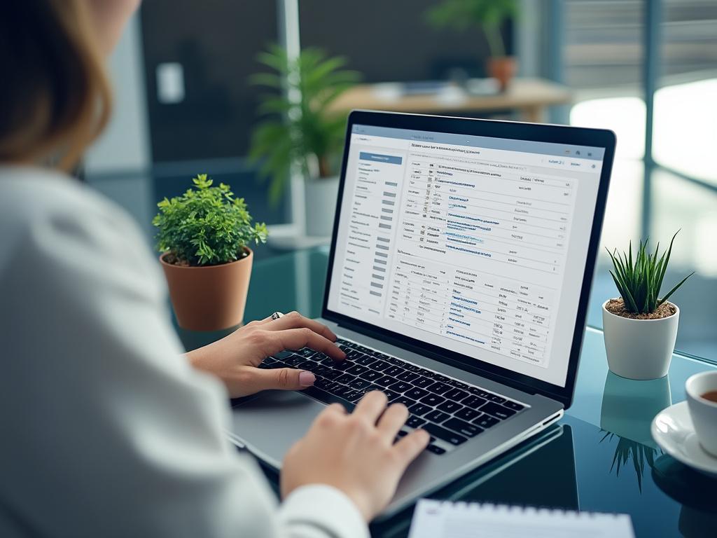 Persona trabajando en un portátil en una oficina con plantas y taza de café en el escritorio.