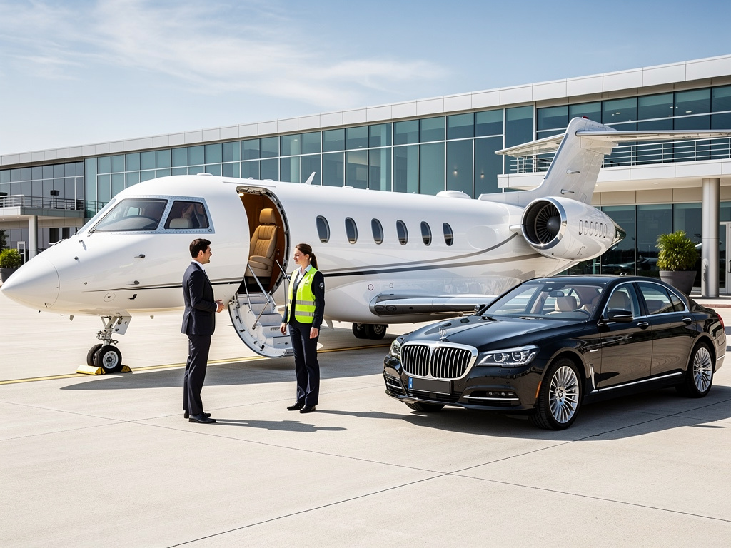 Jet privado blanco en terminal ejecutiva con coche de lujo negro y personal de aviación en pista
