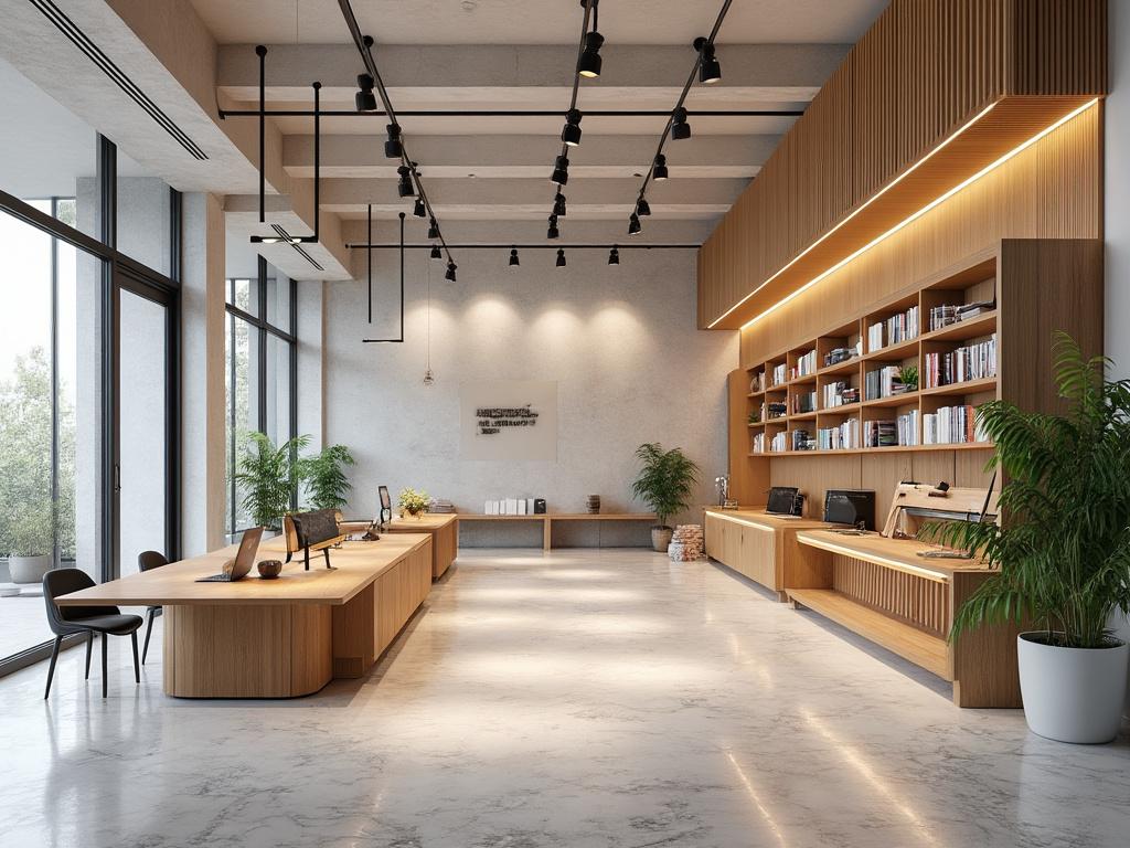 Oficina moderna con escritorios de madera, estantes llenos de libros, plantas decorativas y techos con iluminación colgante.