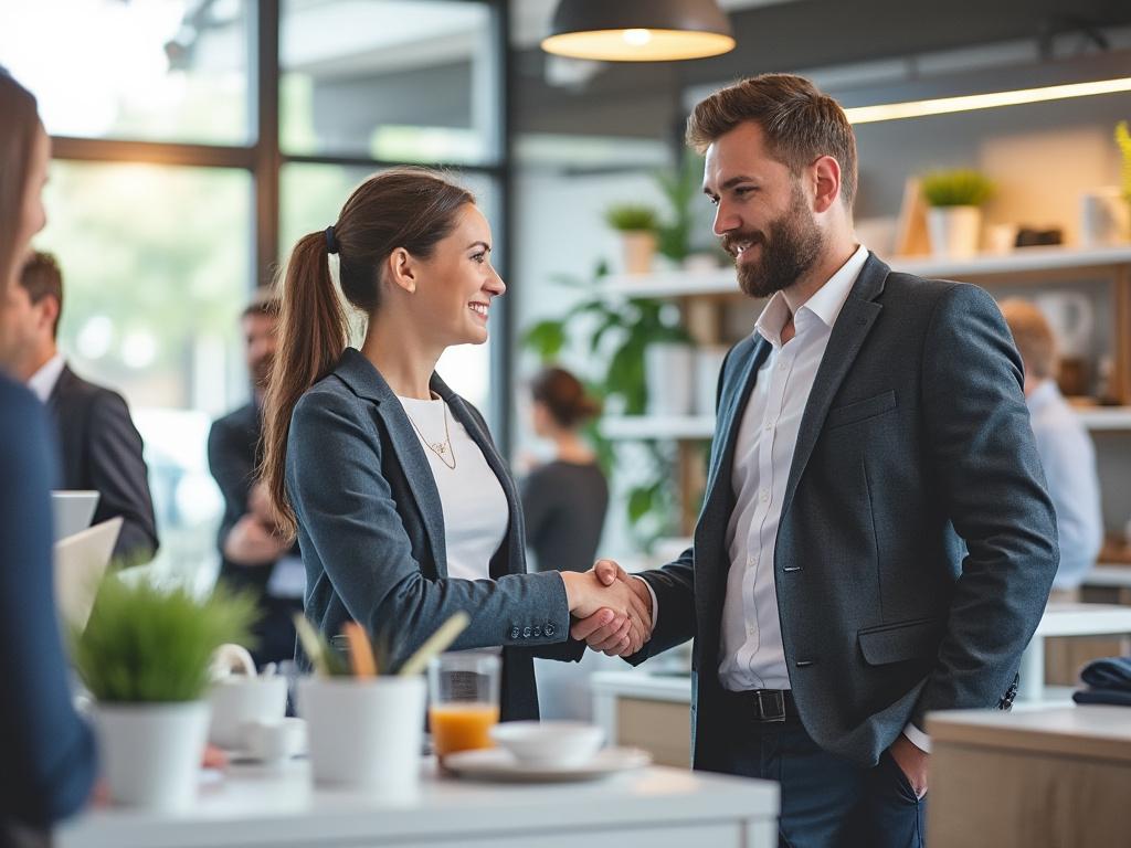 Dos personas en traje estrechando manos en una oficina moderna y luminosa, rodeados de plantas y tazas.