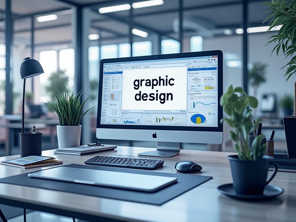 Oficina moderna con escritorio de madera, computadora Apple mostrando diseño gráfico, lámpara negra y planta decorativa.