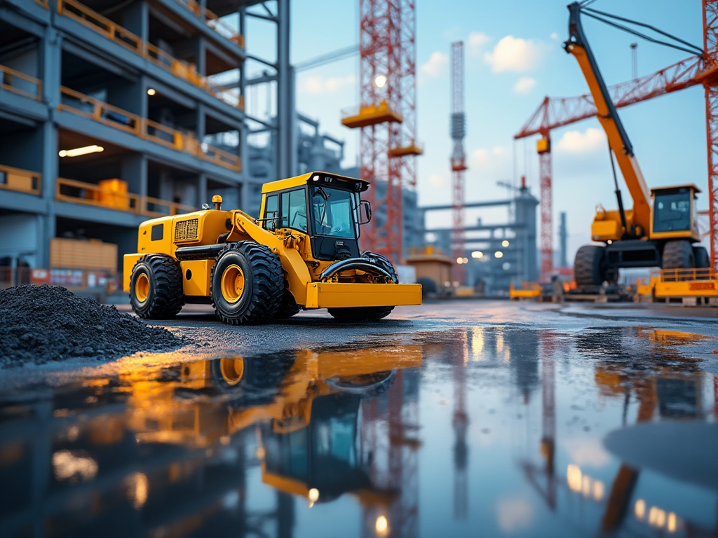 Motoniveladora amarilla y grúa en un sitio de construcción con reflejos en charcos de agua.