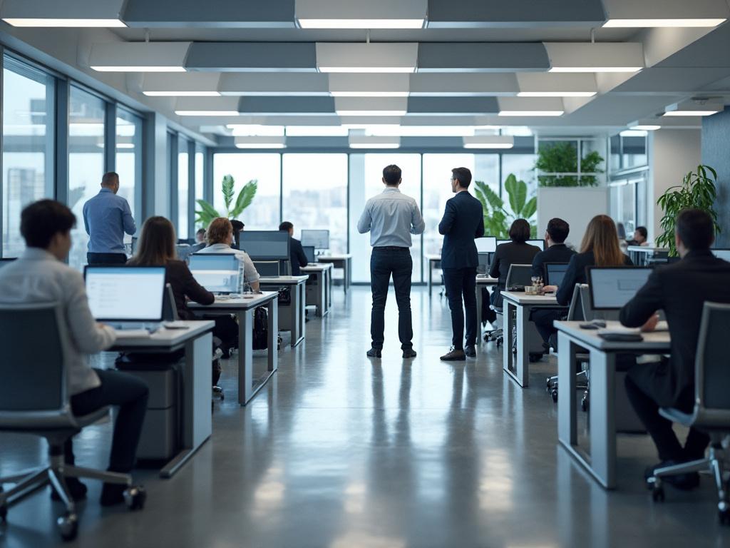 Modern open-plan office with people working at desks and large windows providing natural light. Modern open-plan office with people working at desks and large windows providing natural light.