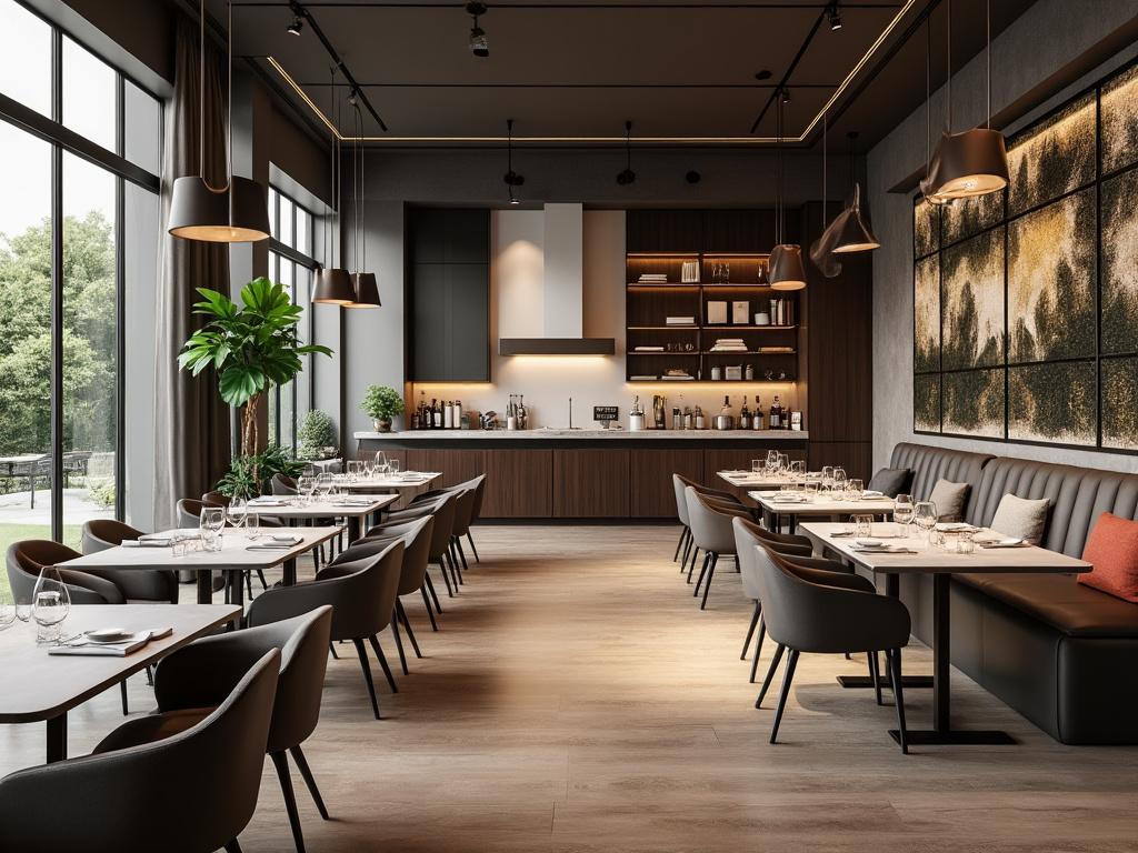 Elegante restaurante moderno con mesas arregladas, iluminación colgante y decoración minimalista, vista desde una esquina.