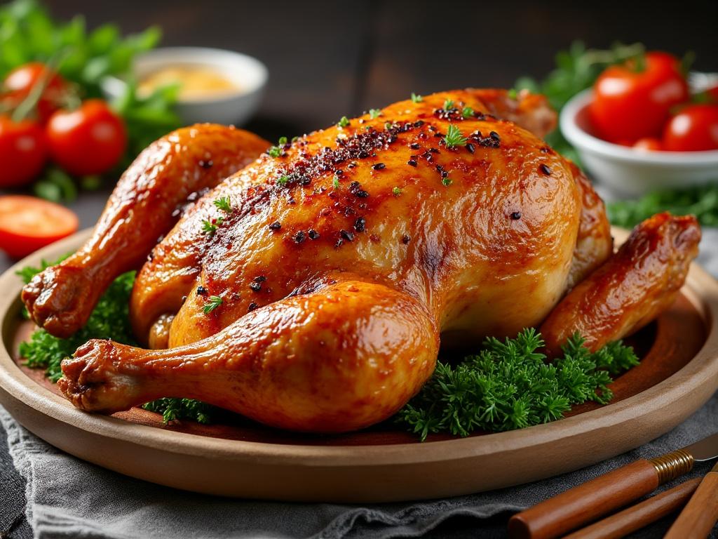 Pollo asado dorado sobre cama de perejil con tomates frescos de fondo en un plato de madera.