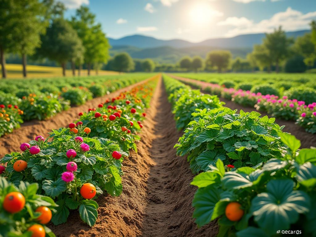 Campo de cultivo con hileras de plantas y flores coloridas bajo un cielo soleado con montañas al fondo.
