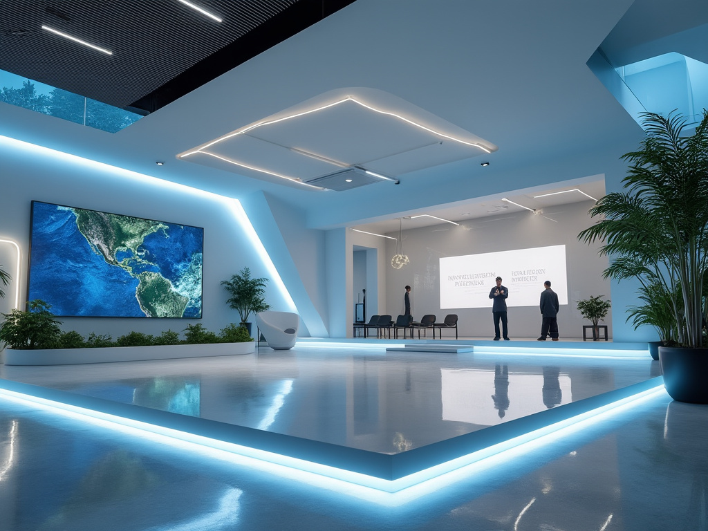 Lobby moderno y luminoso con iluminación LED, plantas decorativas y pantallas grandes, dos personas conversando.